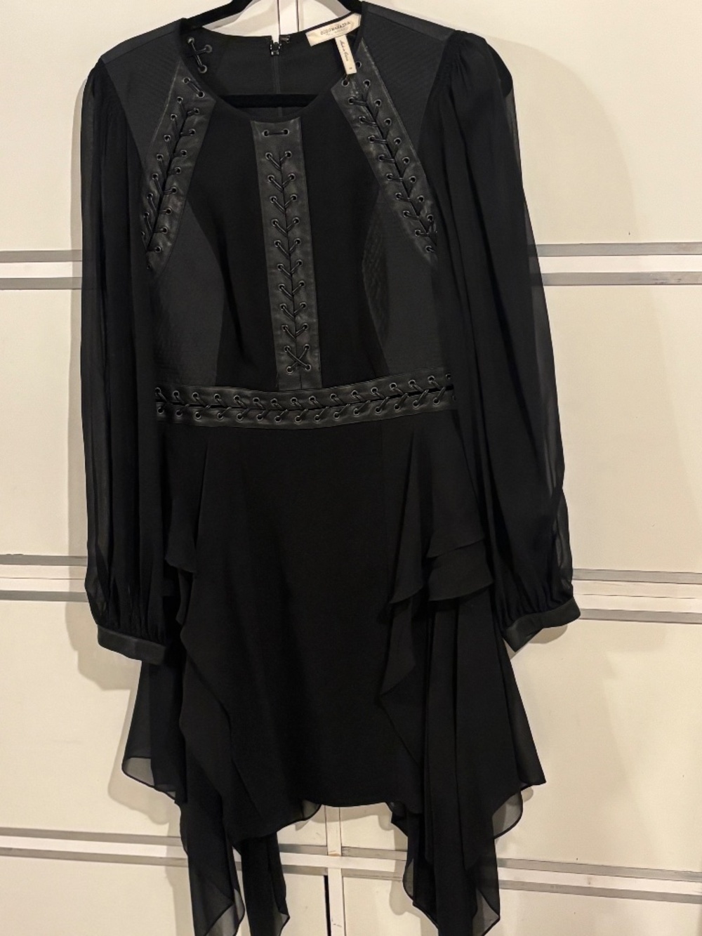 BCBGMaxAzria Runway Cocktail Dress Handkerchief Hem Leather Details Sz 10